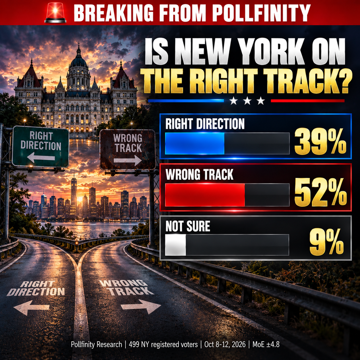 Is New York on the right track? Right direction 39%, Wrong track 52%, Not sure 9%